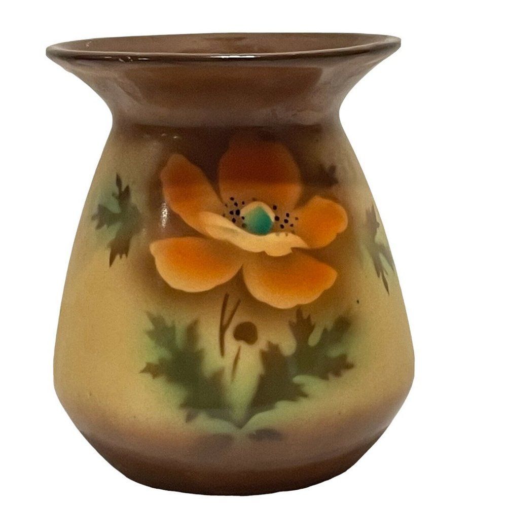 1970 Vintage Czechoslovakia Ceramic Vase Brown  Red Poppy Floral Vase Regeration